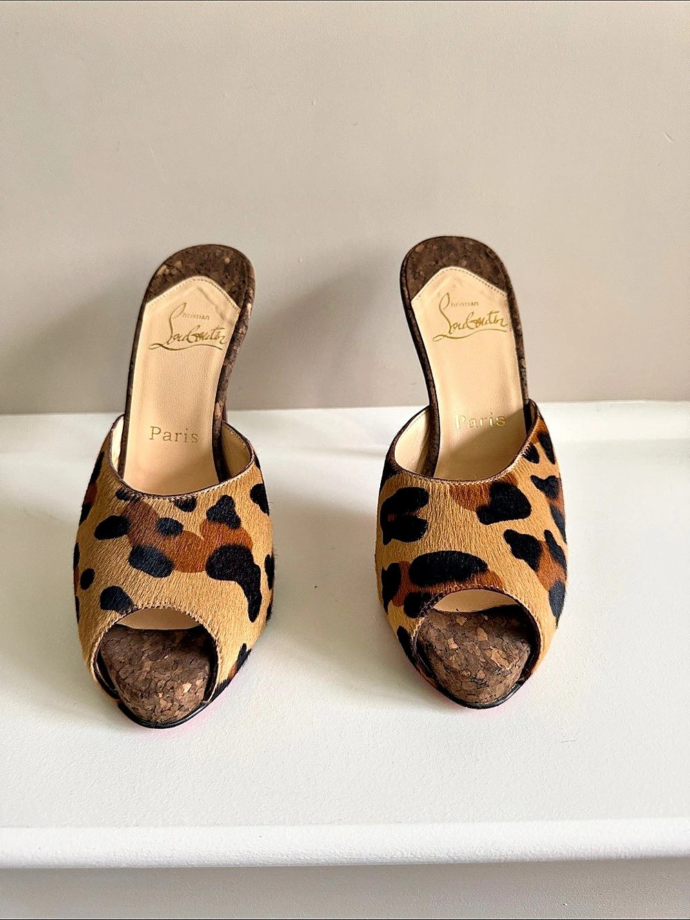 Christian Louboutin Sabotage Leopard Print Pony Hair and Cork Peep toe Mules